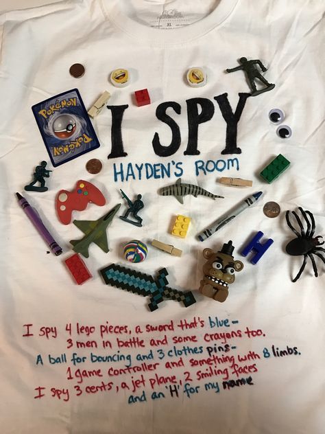 I Spy shirt for Read Across America Book & Book Character Day.  All items are hot glued on shirt. I Spy Book Costume, I Spy Shirt Costume, Read My Shirt Day For Kids, Easy Book Week Costumes, Character Day, I Spy Books, Dr Seuss Activities, Book Character Day, Spy Outfit