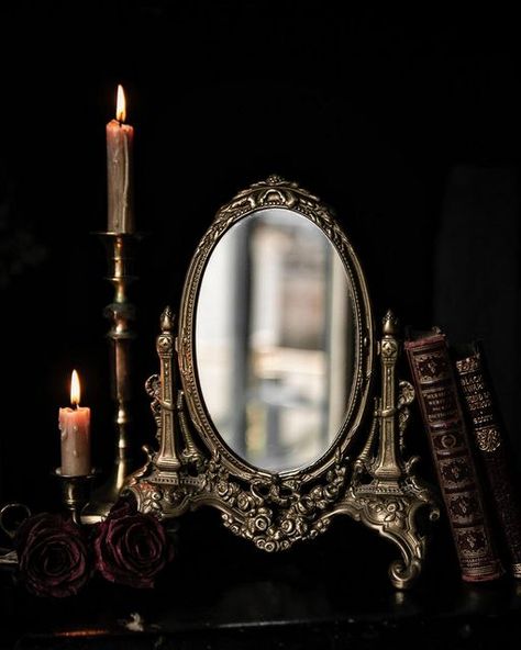 Botanical Goth, Gothic Vanity, Victorian Gothic Home Decor, Gothic Manor, Villain Arc, Gothic Mirror, Victorian Room, Mirror Aesthetic, Aesthetic Goth