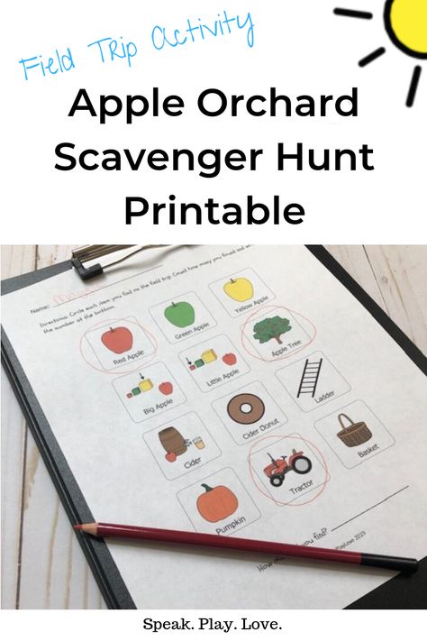 This apple scavenger hunt printable activity has pictures and visuals so it is perfect for preschool, kindergarten and special education field trips to the apple orchard! #speakplaylove #applepicking #appleactivities #specialeducation #speechtherapy Apple Orchard Field Trip, Language Activities Preschool, Speech Crafts, Scavenger Hunt Printable, Love Speech, Trip Activities, Preschool Speech Therapy, Preschool Language, School Speech Therapy