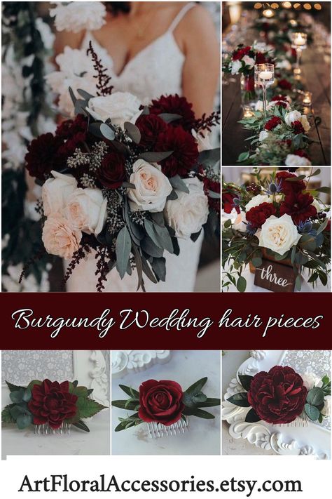 #burgundy#Wedding#brideHairstyle#AutumnWedding#FallWedding#BurgundyHairPiece#BurgundyFlowers#Bordo#Roses#Dahlia#HairDo#WinterWedding#FloralHeadpiece#winterWeddingBouquet#BurgundyDahlia#BridalBouquet#deepRedWedding#MarsalaHairPiece#BurgundyColorWedding# Burgundy Wedding Hair, Wedding Hairdo, Burgundy Wedding Theme, Burgundy And Blush Wedding, Maroon Wedding, Wedding Hair Piece, Sage Wedding, Wedding Colour, Dark Wedding