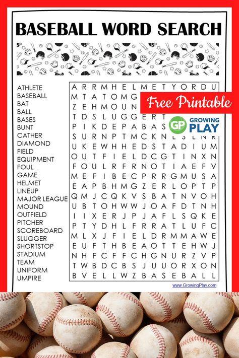 This baseball word search PDF will be a great activity to entertain him on the next rainy day.  You can download it for free from GrowingPlay. Baseball Word Search, Kids Word Search, Car Activities, Baseball Theme Party, Mysteries Of The World, Word Search Printables, Baseball Decor, Hidden Words, Road Trip Games