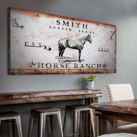 "Click here for more livestock designs: https://www.etsy.com/shop/tailoredcanvases?section_id=33143590 This one-of-a-kind ranch-themed sign is guaranteed to turn you into a certified horse rancher. We particularly love the details that make it look like it's taken an old stable. Whether it's in the kitchen, hanging above your bed, or placed in your living room to greet guests, it's going to look amazing. It even makes for a perfect gift for the people you love! Very Customizable  Custom-made! Pr Ranch Wall Decor, Sheep Ranch, Horse Stall Sign, Farm Wall Decor, Ranch Sign, Cattle Ranch, Horses Wall Decor, Horse Sign, Antique Horse