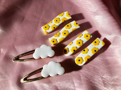 hair barettes with yellow daisies and clouds Clay Hair Clips Diy, Polymer Clay Clips, Polymer Clay Barrettes, Clay Clips, Clay Barrettes, Polymer Clay Hair Clips, Clay Hair Clips, Polymer Clay Hair, Clay Hair