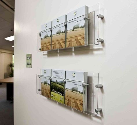 Wall Brochure Holder, Brochure Holder Ideas, Office Display Wall, Brochure Stand, Church Foyer, Waiting Room Design, Brochure Display, Brochure Holder, Business Card Displays