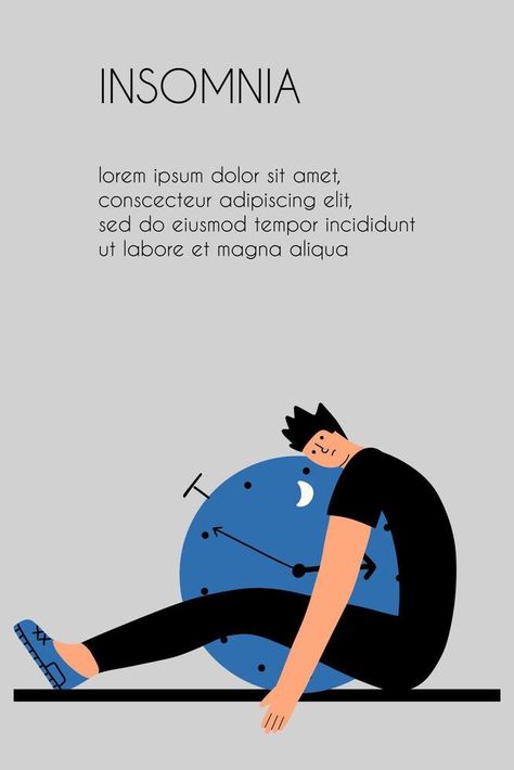 The young guy cannot sleep. The teenager suffers from insomnia. Template, flyer with text. Vector illustration in a flat style. Insomnia Illustration, Aesthetic Sleep, Cannot Sleep, Can Not Sleep, Anatomy References, Cognitive Therapy, Infographic Poster, Anatomy Reference, Flat Style