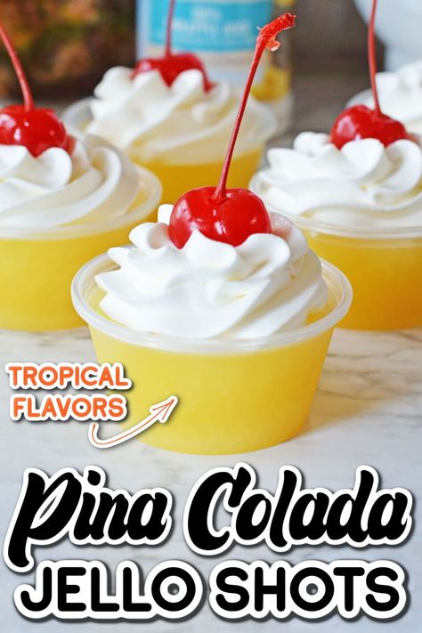 This Pina Colada Jello Shots Recipe is super easy to make and perfect for any occasion! Made with the tropical flavors of pineapple juice, Malibu Rum and cream of coconut, these unique shots make the perfect party drink! Pina Colada Jello Shots Recipe, Malibu Jello Shots, Coconut Jello, Pina Colada Jello Shots, Rum Jello Shots, Easy Jello Shots, Unique Shots, Cocktails Made With Rum, Pineapple Jello