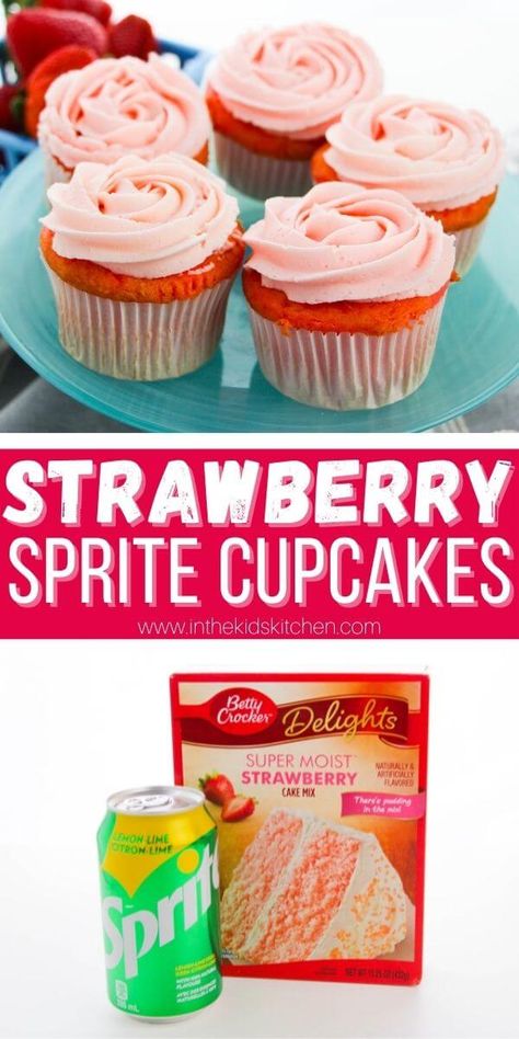 It doesn't get any easier than these 2 ingredient strawberry soda cupcakes, made with a box of strawberry cake mix and a can of Sprite! Weight Watcher Cake With Soda, Strawberry Cake With Sprite, 2 Ingredient Soda Cake, Strawberry Sprite Cake, Easy Strawberry Cupcakes Cake Mixes, Cake Mix Soda Recipes, Sprite Cake 3 Ingredients, Strawberry Box Cake Mix Recipes, Cupcakes Made With Box Cake