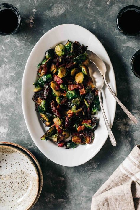 Charred Brussels Sprouts with Bacon & Dates Cooking With Dates, Bacon Dates, Best Junk Food, Brussels Sprouts With Bacon, Healthy Thanksgiving Recipes, Bacon Brussel Sprouts, Crunchy Salad, Date Recipes, Healthy Thanksgiving