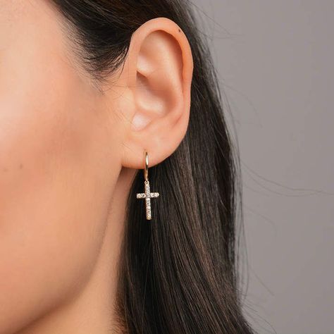 $38 Etsy Cross hoop earrings - Cross-shaped earrings - Zircon cross earrings - Gold hoop earrings - Silver ho Earrings Cross, October Birthstone Jewelry, Cross Shape, Personalized Cross, Ear Ring, Packaging Gift, Classic Earrings, Tiny Studs, Ring Simple