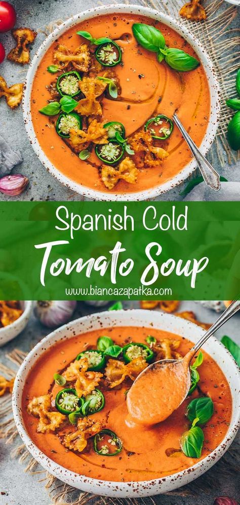 This quick and easy Spanish Cold Tomato Soup recipe is a vegan and healthier take on the popular tapas appetizer – Salmorejo Cordobés. It is made using healthy plant-based ingredients, turning it into a gluten-free, egg-free, and protein-rich soup without sacrificing the creaminess and flavors of the classic! Tomato Based Soups Vegetarian, Tomato Soup Recipe Vegan, Vegan Tomato Soup Recipe, Spanish Tomato Soup, Vegan Tomato Soup Fresh Tomatoes, Salmorejo Recipe, Panzanella Recipe, Dairy Free Protein, Tomato Soup Recipes