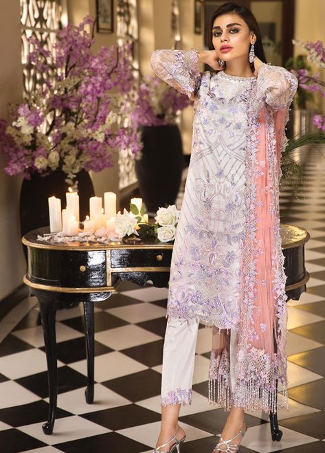 Anaya by Kiran Chaudhry Embroidered Organza Unstitched 3 Piece Suit AKC19E 07 FLORENCE - Festive Collection Formal Pants Women, Embroidery Sleeves, Embroidered Dresses, Organza Shirt, Lehnga Dress, Pink Thread, Pakistani Suit, Light Violet, Pakistani Designer Suits