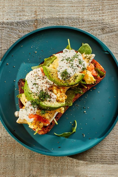 The texture of hot-smoked salmon (unlike cold-smoked or cured salmon like lox) is similar to cooked fresh fish, so it flakes easily into this fast breakfast scramble. Sliced Brie and avocado turn it into a phenomenally satisfying creamy, smoky, cheesy, hearty breakfast, lunch, or brunch. Hot Smoked Salmon, Open Faced Sandwich, Chicken Bowl, Glazed Salmon, Sushi Rice, Fresh Fish, Sweet Potato Casserole, Hearty Breakfast, Cream Recipes