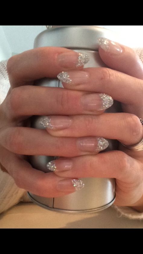 Glitter French Manicure Almond, Almond Glitter Nails, Nail Cute, Hoco Nails, Nails With Rhinestones, Tv Wall Decor Ideas, Summery Nails, Tv Wall Decor, Cute Gel Nails