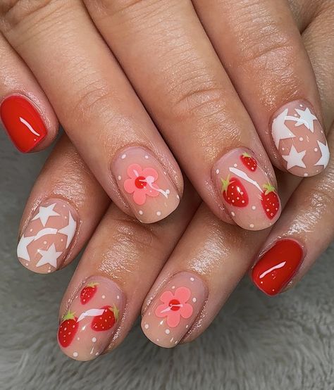 how cute are these strawberry nails?! 🍓 mix & match nails are my favourites! gel fill w/ hand painted nail art <3 @stellar_gel - stellar bond - hard structure gel natural - stellar white - stellar shine top @dndgel - dnd 879 sunset suede - dnd 997 corduroy cactus #strawberry #strawberries #strawberrynails #strawberrynailart #strawberrynail #mixandmatch #mixandmatchnails #mixandmatchnailart #cutenails #funnails #funsummernails #funspringnails #stellargel #dndgel #nailpromagazine #nailsma... Nail Ideas Strawberry, Match Nails, Strawberry Nail Art, Mix Match Nails, Strawberry Nails, Berry Nails, Hand Painted Nail Art, Fun Summer Nails, Builder Gel Nails