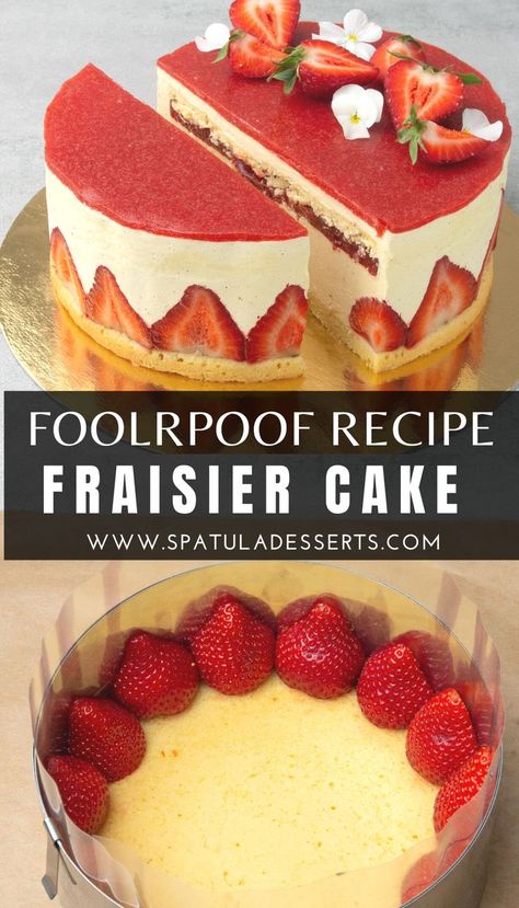 French Fraisier Cake, French Strawberry Dessert, Strawberry Mousseline Cake, Dessert Strawberry Recipes, Frasier Cake Recipe, Strawberry Fresh Cream Cake, Strawberry Frasier Cake, Strawberry Butter Cake Recipe, Best Cakes To Make