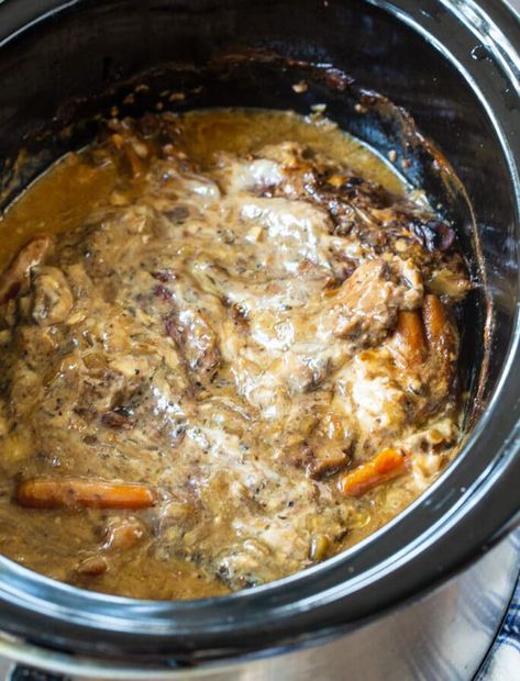 Crock Pot Roast with Creamy Mushroom Gravy Creamy Pot Roast, Chuck Roast Crock Pot Recipes, Crock Pot Chuck Roast, Tender Chuck Roast, Creamy Mushroom Gravy, Beef Roasts, Crock Pot Roast, Beef Roast Crock Pot, Roast Gravy