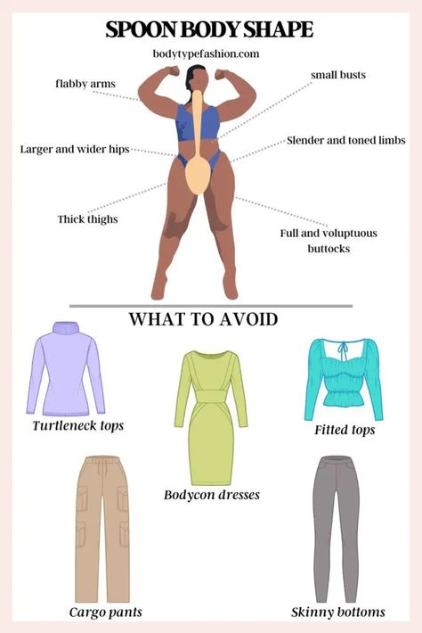 What not to wear if you have a spoon body shape Spoon And Triangle Body Shape, Dress For Spoon Body Shape, Dressing Spoon Body Shape, Round Shaped Body Outfits, Outfit Ideas For Spoon Body Shape, Dressing For Body Shape, Spoon Shaped Body Outfits, How To Get A Pear Body Shape, Spoon Body Shape Outfits