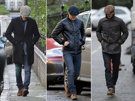 Are there wrong ways to wear this cap? Yes. But Beckham (who's having a busy week) proves how to wear it correctly and we might add pretty well on multiple occasions. D.B. proves it... Newboys Hat Outfit, Flat Cap Men Outfit, Fall Men Outfits, Tough Clothes, Flat Cap Men, Flat Caps, Light Blue Jeans, Flat Cap, Outfits With Hats