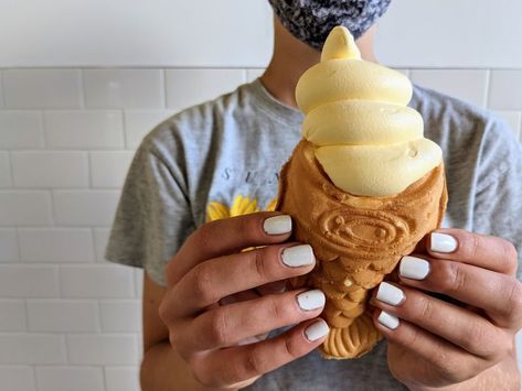 Good ice cream in a fun waffle fish #IceCream #SoftServe #SomiSomi #Korean Best Ice Cream, Soft Serve, Fish Shapes, Waffles, Peanut Butter, Korean Fashion, Condiments, Ice Cream, Fish