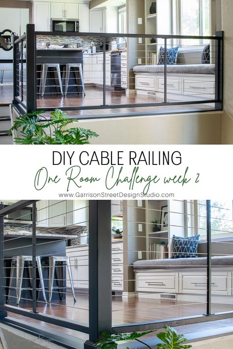 DIY Cable Railing 1 Affordable Stair Railing, Diy Railings For Stairs Banisters, Cable Wire Railing Indoor, Metal Cable Stair Railing, Stair Cable Railing, Interior Railing Ideas Metal, Cable Banister Railing, Interior Cable Railing Ideas, Ballistrades Ideas Indoors