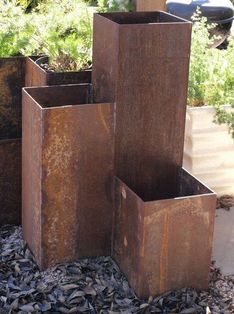 . Landscaping Driveway Ideas, Corten Planters Garden Design, Rusted Planter Boxes, Corten Steel Planters Landscape Design, Round Corten Steel Planters, Corten Steel Garden Sculpture, Yard Plants, Front Yard Plants, Metal Planter Boxes