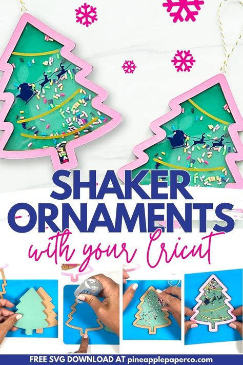 Make a festive ornament with a DIY Shaker Christmas Ornaments tutorial AND video for your Cricut! Elevate your holiday decor with a FREE SVG download, and craft the perfect-sized ornaments using your Cricut or Silhouette. Let the festive crafting begin! #DIYChristmas #Cricut Cricut Christmas Ornaments Free, Cricut Paper Christmas Ornaments Diy, Girls Night Ornament Craft, Cricut Christmas Tree Decorations, Diy Shaker Ornaments, Amazon Ornament Diy, Layered Paper Christmas Ornaments, Cricut Photo Frames, Shaker Ornaments Diy