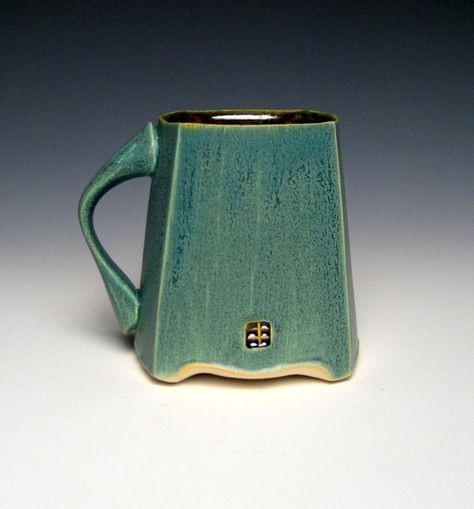 Square Green Mug by nickdevriespottery on Etsy, Cups Pottery, Mugs Pottery, Ceramic Cutlery, Ceramics Mugs, Green Mug, Square Ceramic, Matte Green, Green Mugs, Wheel Thrown Pottery