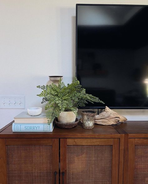 How often do you dust your tv console? Because I’m slightly embarrassed to tell you that I can’t remember the last time I did before… | Instagram Under Tv Console Decor, How To Style Tv Console, Tv Console Diy, Tv Console Decor, Console Diy, 65 Inch Tv, Instagram Decor, Console Styling, Dream Property