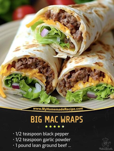 Weight Watchers Easy Recipes 2024 | Transform your Big Mac cravings into a healthier version with these delicious wraps | Facebook Delicious Wraps, Homemade Big Mac Sauce, Homemade Big Mac, Vegan Ground Beef, Easy Recipes For Beginners, Family Cookbook, Fun Easy Recipes, Mediterranean Diet Recipes, Big Mac