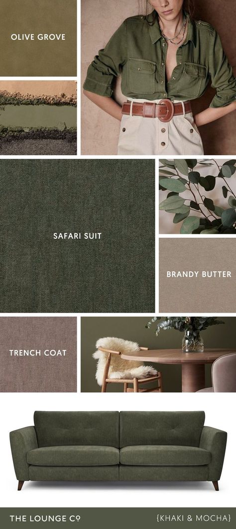 Colour Combinations - Khaki Green and Mocha - Interior Inspiration Khaki Color Combination Outfit, Khaki Sofa Living Room Ideas, Khaki Green Outfit, Khaki Color Combination, Khaki Color Palette, Olive Bedroom, Green Living Room Decor, Green Color Combinations, Green Lounge