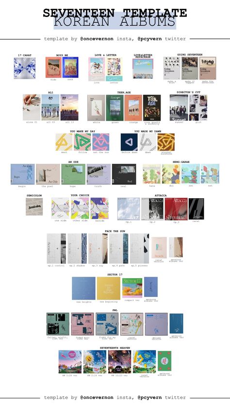 Svt Album Template, Seventeen Discography, Seventeen Album List, Svt Album Collection, Your Choice Seventeen Album Cover, Seventeen Clothes, Seventeen Album Poster, Seventeen Album Template, Seventeen Album Collection