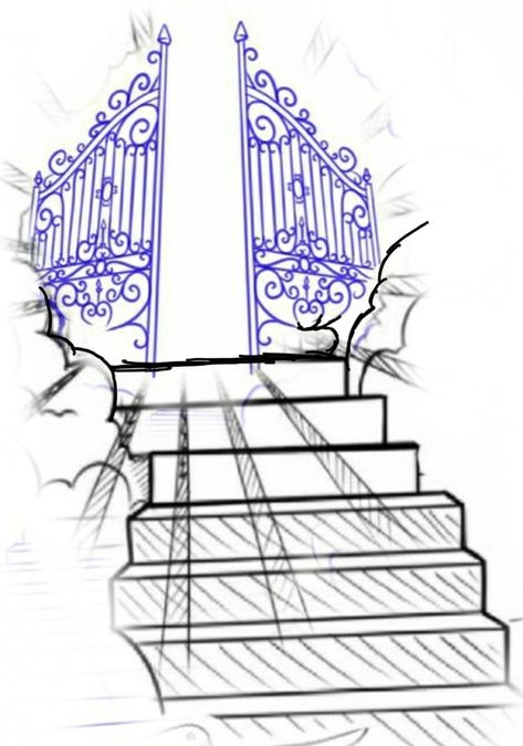 Stairs To Heaven Drawing, Heaven Stairs Tattoo, Stairway To Heaven Tattoo Stencil, Stairway Drawing, Gates Of Heaven Drawing, Heaven Stairs, Heaven Drawing, Stairs Tattoo, Stairway To Heaven Tattoo