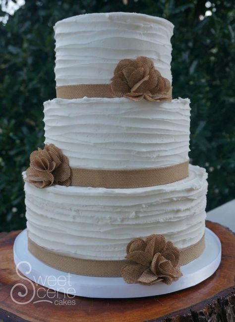 Updated Rustic - Cake by Sweet Scene Cakes #rusticbuttercream #buttercreamweddingcake #burlapweddingcake #sweetscenecakes #charlotteweddingcakes Rustic Anniversary Party, Vow Renewal Cake, Burlap Wedding Cake, Burlap Rosettes, 50th Anniversary Cakes, 50th Wedding Anniversary Party, Rustic Winter Wedding, Winter Wedding Cake, Buttercream Wedding Cake