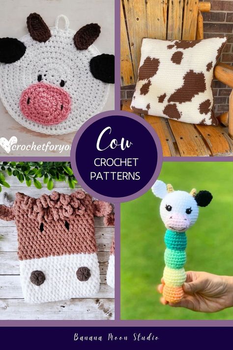 Find the perfect cow crochet pattern for you, your home, or your family with this crochet pattern roundup from Banana Moon Studio! You'll find loads of crochet cow amigurumi, but also crochet cases, bags, potholders, hats, pillows, and more. Cow Print Crochet, Farm Animals Nursery Theme, Cow Purse, Cow Patterns, Cow Print Bag, Cow Crochet Pattern, Crocheted Cow Pattern, Purse Patterns Free, Cow Hat