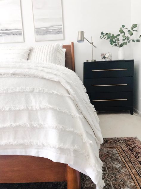 Tarva Bed, Bright And Airy Bedroom, Ikea Tarva Hack, Tarva Hack, Ikea Tarva, Airy Bedroom, Black Nightstand, Repose Gray, Small Closets