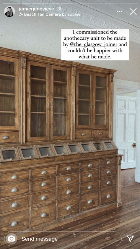 Apothecary Cabinet In Kitchen, Canning Cupboard Ideas, Antique Pantry Cupboard, Mercantile Cabinet, Apothecary Pantry, Jamie Genevieve, Diy Furniture Building, Victorian Kitchen, Apothecary Cabinet