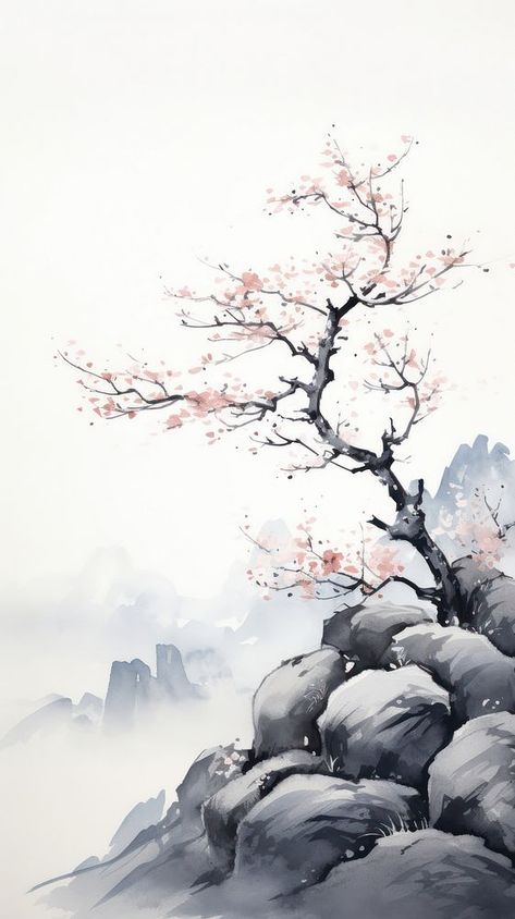 Plum blossom tree on the mountain cliff outdoors painting nature.  | premium image by rawpixel.com Plum Tree Painting, Chinese Mountain Painting, Tree Iphone Wallpaper, Person Watercolor, Chinese Landscape Art, Outdoors Painting, Ink Landscape Painting, Plum Blossom Tree, Mountain Cliff