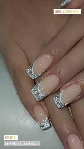 Pin on Amiket szívesen viselnék... Fancy French Tip Nails Coffin, Glitter Nail Tips Acrylic, Gel Nail Designs French Tip Ideas, Fancy French Manicure, French Manicure With Glitter, Nails 2020 Trends, Nail Inspo Nail Art, Glitter Gel Nail Designs, Nail Nail Designs