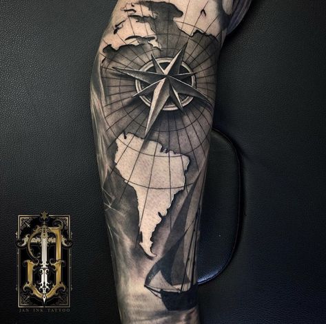 Compass And Map Tattoo Leg, Gray And Black Tattoo, Maps Tattoo, Map Tattoo Design, Aviation Tattoo, Compass And Map Tattoo, Bald Eagle Tattoos, Map Of South America, World Map Tattoos