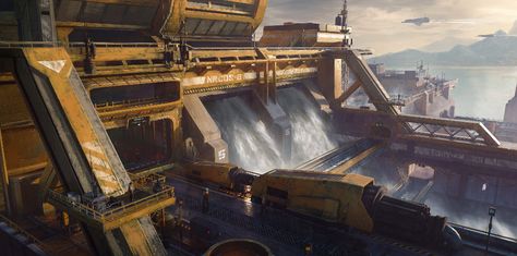 ArtStation - Hydro-dam/Hangar Game Level Design, Super Earth, Sci Fi Props, Sci Fi City, Sci Fi Environment, Ark Survival Evolved, Building Concept, The Old Republic, Sonic Adventure