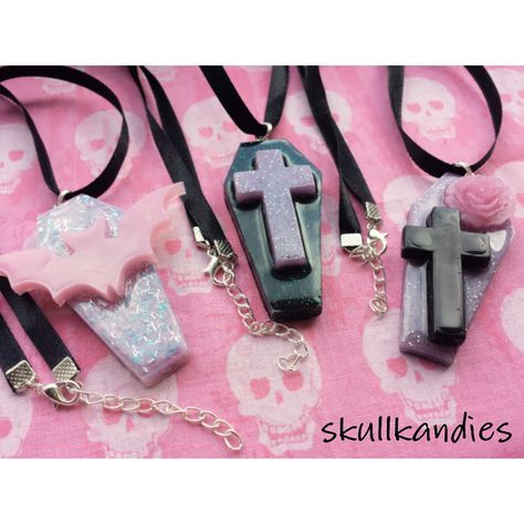 Pastel goth creepy cute resin coffin necklaces with bats, roses and... ($12) ❤ liked on Polyvore featuring jewelry, necklaces, pastel goth jewelry, resin jewelry, goth jewelry, gothic necklace and rose necklace Goth Clay Crafts, Goth Clay Jewelry, Pastel Goth Jewelry Diy, Pastel Goth Polymer Clay, Goth Resin, April Goth Necklace, Pastel Goth Decor, Yami Kawaii Necklaces, Creepy Cute Fashion