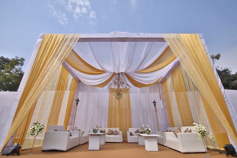 There is beauty in symmetry.  Canopy, wedding seating, wedding decor ideas, beige - mustard setup Shamiyana Decoration, Shamiyana Tent, Stage Decoration Photos, Gazebo Wedding Decorations, Pandal Decoration, Arabian Party, Canopy Wedding, Seating Wedding, Indian Wedding Decorations Receptions