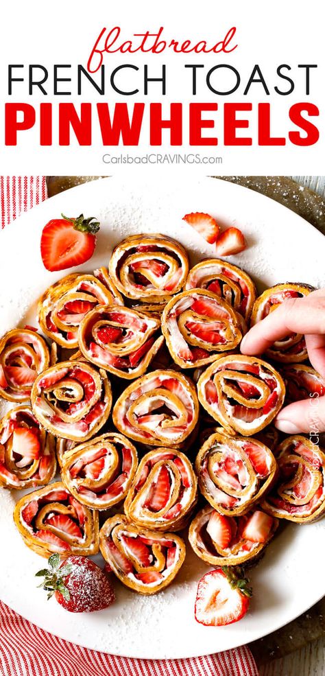 These French Toast Pinwheels are the cutest, tastiest thing ever and way easier than traditional French Toast roll ups! I made them for a brunch and everyone loved them! Toast Roll Ups, French Toast Roll Ups, French Toast Rolls, Pinwheel Appetizers, Carlsbad Cravings, French Breakfast, Enjoy Your Meal, Strawberry Cream, Brunch Party