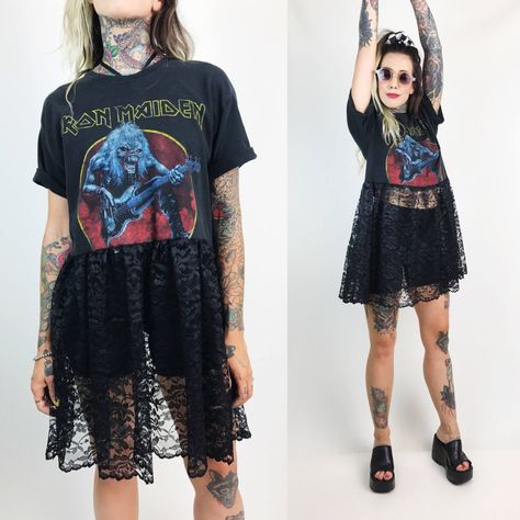 Ropa Upcycling, Metal Goth, Iron Maiden Band, Black Lace Mini Dress, Upcycle Shirt, Tshirt Refashion, Lunar Eclipse, Upcycled Fashion, Tee Shirt Dress