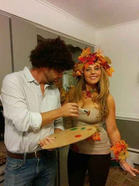 Bob Ross and his Happy Tree - Couples Halloween Costume Bob Ross Happy Tree Costume, Lumberjack And Tree Couples Costume, Bob Ross And Happy Tree Costume, Happy Little Tree Costume, Bob Ross Couple Costume, Tree Halloween Costume, Bob Ross Costume, Bob Ross Happy Trees, Punny Costumes