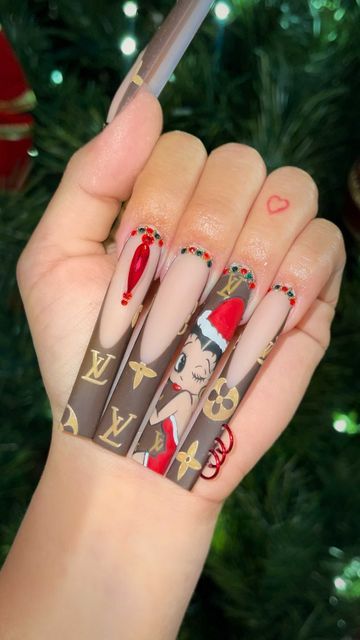 Betty Boop Christmas Nails, Cartoon Christmas Nails, Betty Boop Nails, 2025 Nails, Christmas Betty Boop, Xmas Nail Designs, Uñas Ideas, Xmas Nail, Best Press On Nails