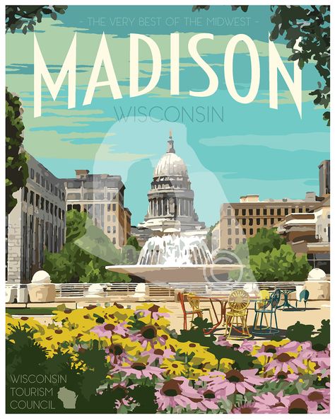 Bring beautiful Madison Wisconsin into your home with this vintage-style travel poster. We print our posters and gallery-wrapped canvas prints using high-quality papers/canvas, archival pigment inks, and professional printing processes. We guarantee the quality of our posters and gallery-wrapped canvas prints. Greeting cards and postcards are shipped flat and printed on high-quality cardstock. These cards make great gifts and look wonderful framed. Posters 16x20 inches and larger are shipped in Wisconsin Poster, Triangle Poster, Wisconsin Travel, Madison Wisconsin, Framed Posters, Style Travel, Travel Poster, Wisconsin, Vintage Style