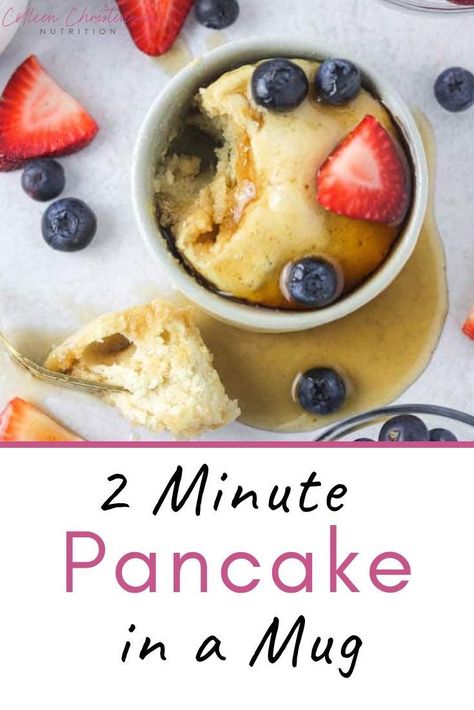 Pancakes are no longer just for slow, lazy weekend mornings! Have a pancake any day of the week with this 2 minute pancake in a mug recipe! Mug Recipes Microwave, Mug Pancake, Pancake In A Mug, Microwave Pancakes, Breakfast In A Mug, Dessert Pancakes, Recipes Microwave, Microwave Mug Recipes, Microwave Breakfast