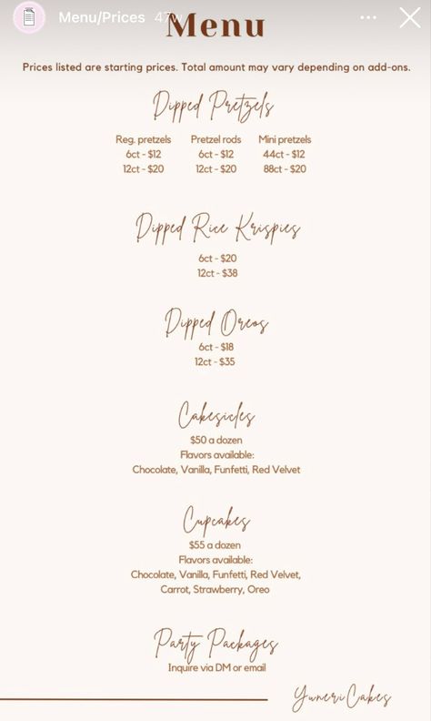 Dessert Table Price List, Dipped Treats Price List, Chocolate Covered Treats Price List, Cupcake Pricing Chart, Treat Pricelist, Treat Maker Ideas, Home Bakery Menu Ideas, Treats Price List, Cake Business Plan