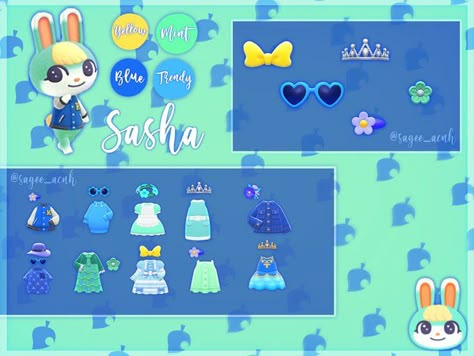 Acnh Dreamies List, Sasha Acnh Yard, Animal Crossing Lookbook, Acnh Sasha, Acnh Villager Gift Guide, Sasha Animal Crossing, Villager Clothes, Acnh Lookbook, Pastel Acnh